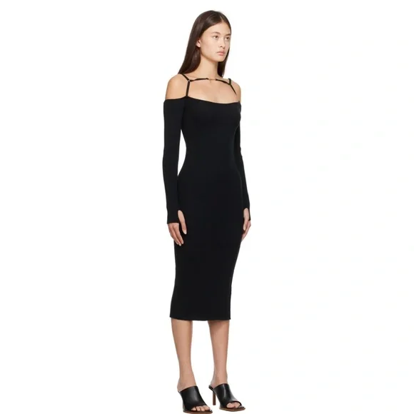 Jacquemus sweater off shoulder ribbed dress top pants logo, black and gold $450 - Picture 2 of 6